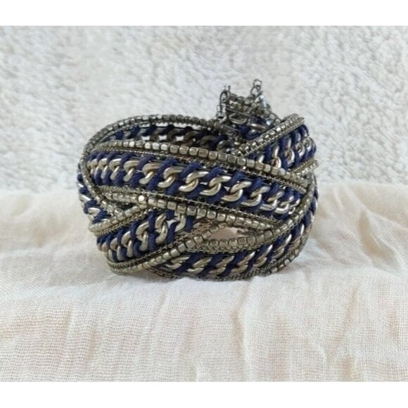 Bracelet Weave TriBand Memory Wire Blue Thread Silver Chain Beads Boho Cottage - Picture 2 of 9